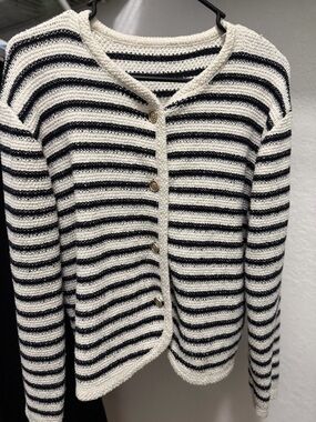 Striped Black and White Button-Front Women's Sweater